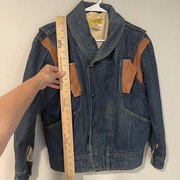 Vintage Jean Jacket Zip Off Sleeves Lined Snaps 1980s Faux Leather Accents Sz 7 - Picture 4 of 10